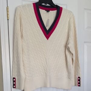 Elegant V-Neck Cable Knit Sweater - Cream with Red and Navy Trim